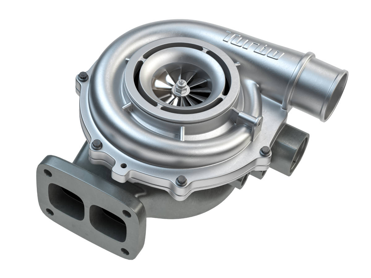 Car turbocharger isolated on white background. Auto part turbo e
